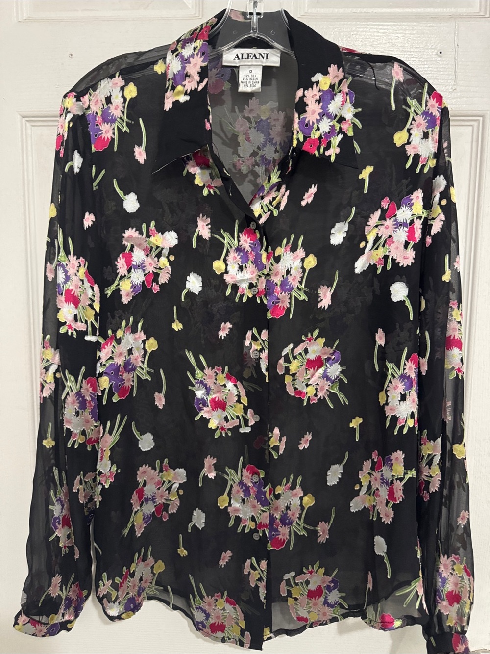 Alfani Black Sheer Floral Button-Up Silk Shirt Size 13